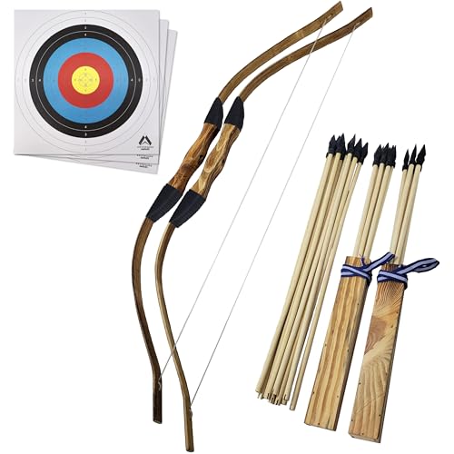 Adventure Awaits Lot de 2 arcs et flèches en bois faits à la main avec revêtement en paracorde | 20 flèches en bois, 2 carquois, 3 cibles | Pour jouer en plein air