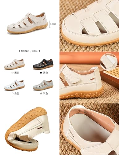 MOYOWEI Women's Summer Leather Fisherman Sandals,Comfort Closed Toe Hollow Arch Support Adjustable Beach Flat Walking Shoes2