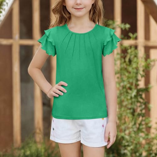 Girls T Shirts Ruffle Short Sleeve Tee Tops Summer Solid Color Casual Pleated Loose Blouse4
