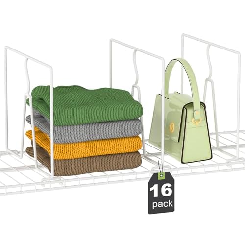 Wire Shelf Dividers for Closet: Tall 16 Pack 12-inch Deep Wire Rack Accessories - Adjustable Purse Organizer for Clothes Handbags - Metal Pantry Separ