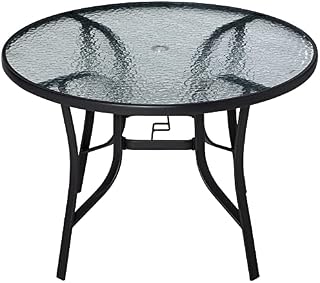 Outsunny 106cm Round Garden Dining Table with Parasol Hole Tempered Glass Top Steel Frame