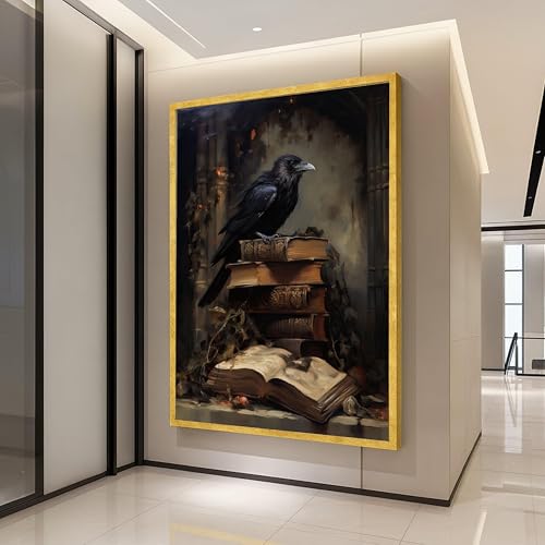 Toile de livres anciens et corbeau mystique, l'esprit de la poésie retro