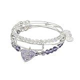 Alex and Ani Pray More Worry Less, Set of 3, Shiny Silver Finish, Purple Charm, 2 to 3.5 in