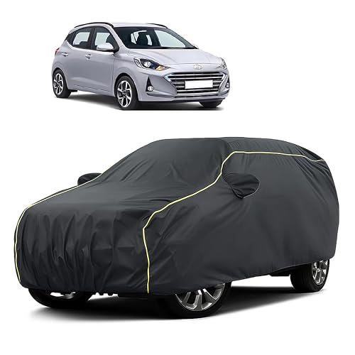 Image of Sulfar 100% Water Resistant Car Body Cover Compatible with Mirror for Hyundai Grand i10 Nios (Triple Stitched, Full Bottom Elastic, Dark Grey Taffeta with Yellow Piping)
