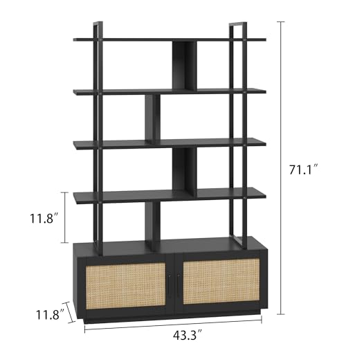 IDEALHOUSE 5 Tier Rattan Bookshelf with Storage Cabinet & Door, 71.1 Inch Tall Industrial Book Shelf with Open Display Shelves, 5 Shelf Bookcase with Metal Frame for Living Room, Bedroom -Black