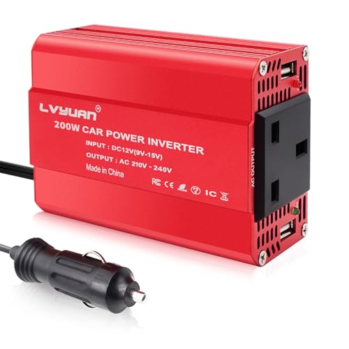 LVYUAN Power Inverter 200W DC 12V to AC 240V Dual USB Ports UK Socket car cigarette adapter converter