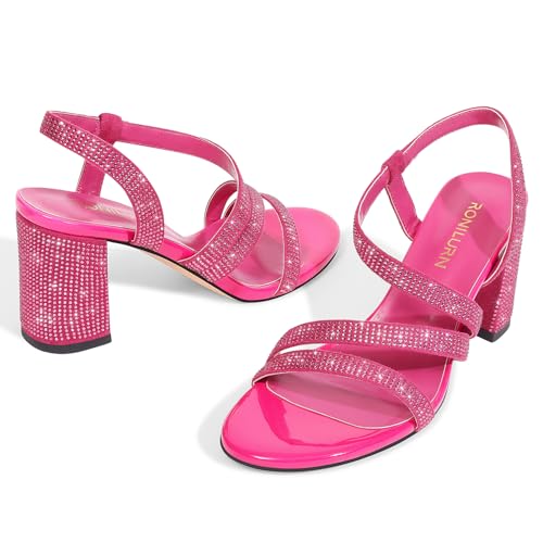 Image of Heels For Women Heeled Sandals High Chunky Heels Strappy Open Toe Rhinestone Round Toe Comfortable Sparkly Dress Wedding Shoes Bridal Prom