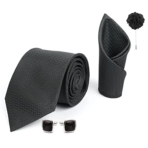 Tie for Men – Self Silk Neck Ties Set with Cufflinks Flower Pin, ...