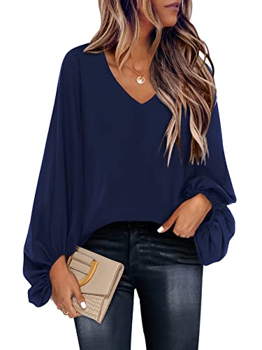 Florboom Chemisier d'été décontracté à manches longues avec col en V pour femme, bleu marine, 44-46 Cover