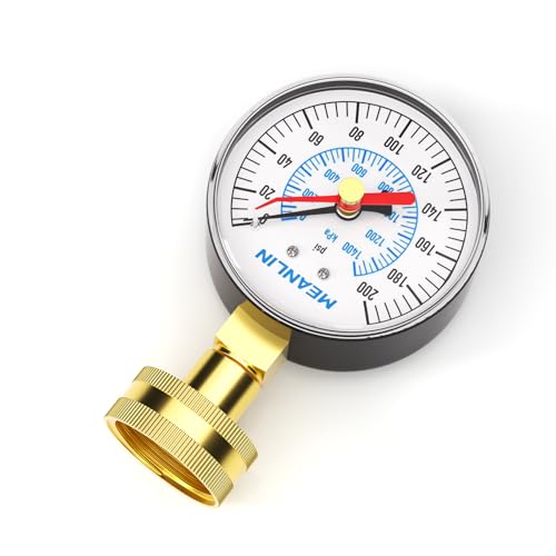 Image of MEANLIN MEASURE 0~200Psi 3 /4 inch Female Water Pressure Test Gauge, 2.5 inch FACE DIAL with Red Indicator Hands, Hydraulic Tester Suitable for Gardens, Water Pipes
