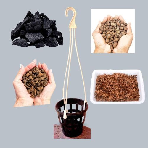 KRISHI MITRA Orchid Pots Full Setup for Beginners I Orchid Growing Kit >> Orchid/Hydroponics Pots 5 Pic (Black) + Orchid Pots Hanger 5 Pic + Charcoal + Bark Chips + Clay Ball + Coco Chip