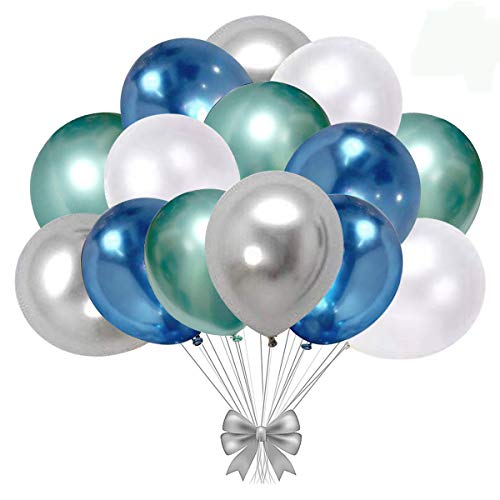 Blue and silver Metallic Chrome Latex Balloons, 50pcs 12 Inch Green Metallic Balloons White Latex Party Balloons for Bridal Shower Wedding Birthday Graduation Valentine’s Day Party Decoration