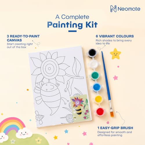 Image of Neomate Canvas Painting Kit for Kids | DIY Painting Set with 3 Printed Canvas, 6 Acrylic Paint Pots & Brush | Art and Craft Kit, Paint Kit for Kids, Birthday Gift, Return Gift, Creative Activity Set