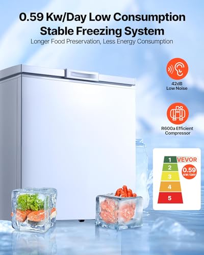 Image of VEVOR Chest Freezer, 5 Cu.ft Compact Deep Freezer, Free Standing Top Open Door Chest Freezers with 2 Removable Baskets & Adjustable Thermostat - Energy Saving, Low Noise & Garage Ready, White