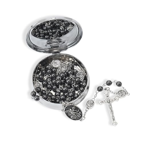 Nazareth Store St Michael Rosary Hematite Stone Beads Necklace Metal Beaded Glory Beads Archangel Medal & Cross with Metal Gift Box2