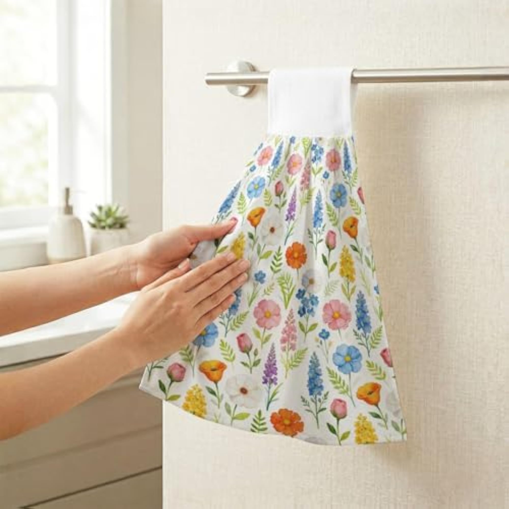Colorful Floral Kitchen Hand Towels with Hanging Loops