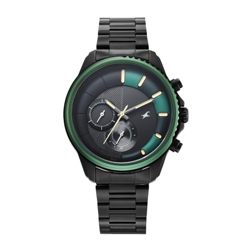 Image of Fastrack Wild Chameleons Back Inspired Bezel with Black and Green Dial IP Black Stainless Steel Strap Watch for Men - 3337KM01