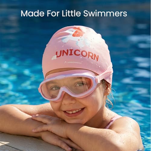 Image of ArrowMax Swimming Goggles For Kids - Anti-Fog UV Protection Lenses |Swim Cap Printed Easy to Adjust |No Leaking-Premium Silicone Comfortable Fabric (PINK)