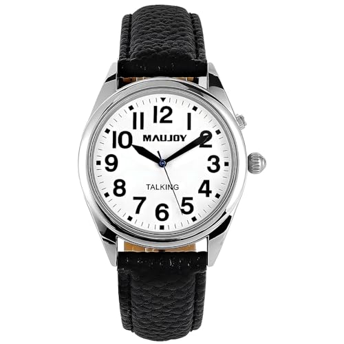 MAUJOY Men's Talking Watch（(Black Leather + Zinc Alloy)） English Accent Time Announcement, Broadcasts Alarm, Time & Date, Designed for Elderly & Visually Impaired