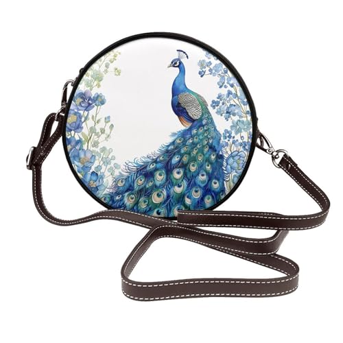 Sac à bandoulière rond femme cuir végétalien plumes motif paon coloré