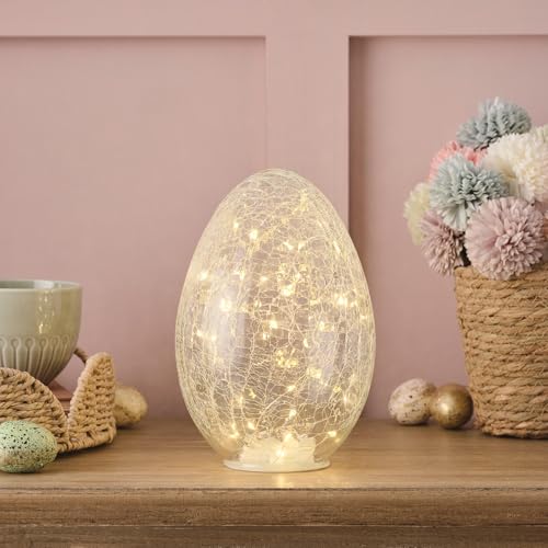 Lights4fun 50 LED Light Up Crackle Glass Easter Egg Decoration Battery Operated with Timer Indoor Home Decoration for Easter Ornament 21cm