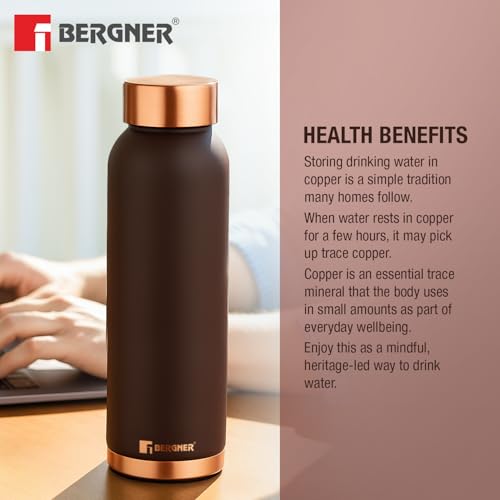 Image of BERGNER Walking Copper Water Bottle 950ml, Pure Copper, BPA Free, Non-Toxic, Leak Resistant, Pure Tamba Provides Health Benefits, Office Bottle, Hiking Trekking Bottle, Boosts Immunity - Matt Brown