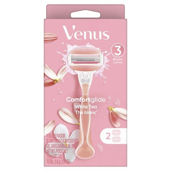 V'enus ComfortGlide White Tea Razor for Women, 3 blades, Manual Razor, Handle and 2 Blade Refills, (Pink)