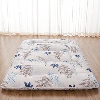 Japanese Floor Mattress, Futon Mattress with Portable Storage Bag and Washable Cover, Roll Up Thick Tatami Mat Suitable for Camping, Guest Room, White Leaf, Full