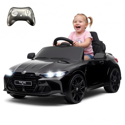 Elektrisches Kinderauto, kompatibel mit BMW M4, 12V mit Fernbedienung für Eltern, Federung, Griffbefestigung, Batteriebetriebenes Kinderauto mit LED-Leuchten, Musik, Sanftanlauf - (Schwarz)
