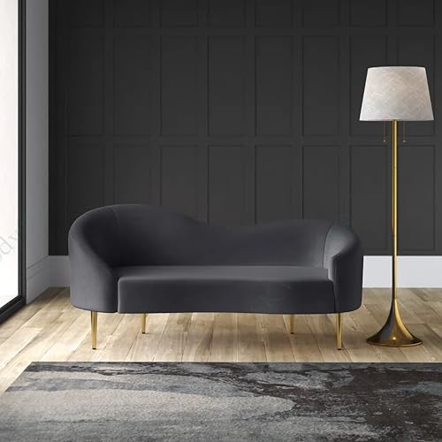 Image of Rosewood Luxury Curved Sofa in Premium Velvet-Fabric | Solid Wood Structure | High Density Foam | Sturdy Golden Legs | Comfortable & Stylish Couch for Modern Living Room (Grey, 2 Seater)