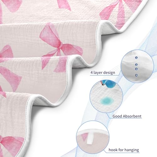 Image of Burbuja Pink Bow Baby Bath Towel - Soft Absorbent Muslin Cotton Hooded Towel for Newborn Infant Toddler, 30x30 in