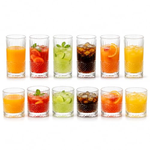 Image of bellemax Dotted Design Drinking Glasses, 278 ML & 210 ML Water and Juice Glasses Combo, Textured Glass Tumblers for Water, Juice, Soft Drinks & Everyday Use Set of 12