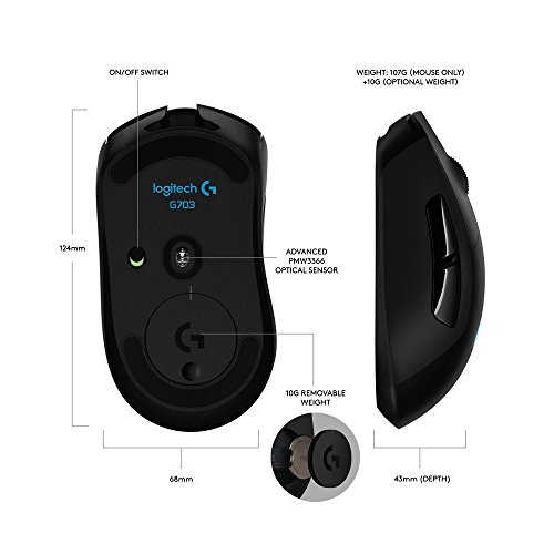 Logitech G703 LIGHTSPEED Souris Gamer sans Fil, 12000 PPP, RVB Gaming, Ultra-Léger, 6 Boutons Programmables, Mémoire Intégrée, Batterie Longue Durée, Compatible avec PC/Mac - Version Allemande - Noire