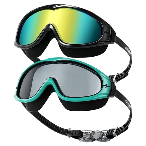 Seago Swim Goggles for Adult Men Women Youth Junior 2 Pack Swimming Goggles with Mirrored Lens Large Frame Comfort Anti Fog UV Protection Leakproof Wide Clear View Water Goggles for Pool Swimming