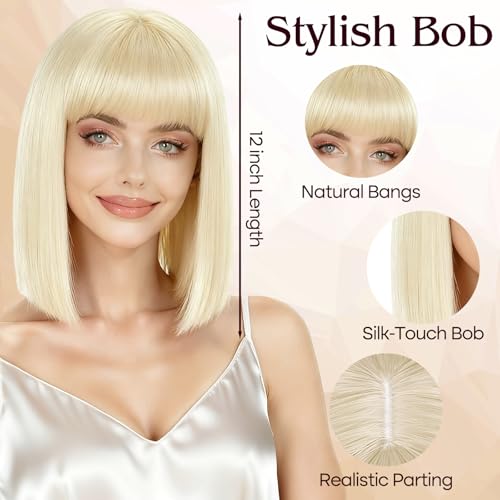 Image of PLULON Blonde Bob Wig with Bangs, Short Straight Bob Wig with Heart Sunglasses 12 Inch Shoulder Length Heat Resistant Synthetic Hair Cap for Women Natural Look Daily Use Cosplay Costume Party
