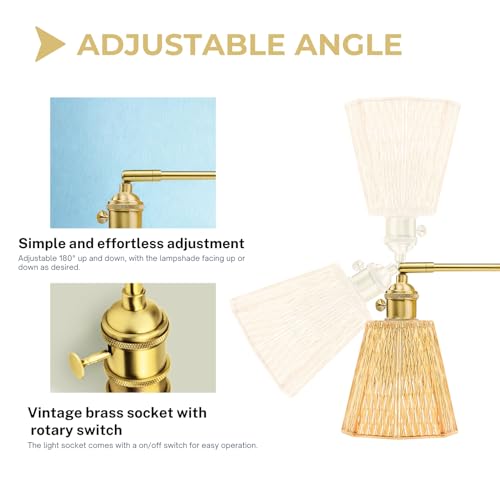 Image of Pensar Vintage Wall Sconce with Amber-Tone Textured Glass, Adjustable Brass Arm and Gold Finish Base, Warm Ambient Glow for Bedroom, Hallway, Living Room, or Cozy Corners