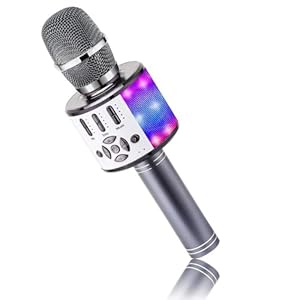 BONAOK Bluetooth-Mikrofon, kabellos, Mikrofon für Kinder mit LED-Lichtern, Mini-Karaoke-Maschine für Party/Haus/Geburtstag, kompatibel mit Bluetooth iOS Android (Space Grau)