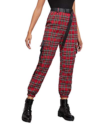 Romwe Women s Workout Jogger Pants Lightweight Hiking Outdoor Cargo Sweatpants with Belted Tartan Medium