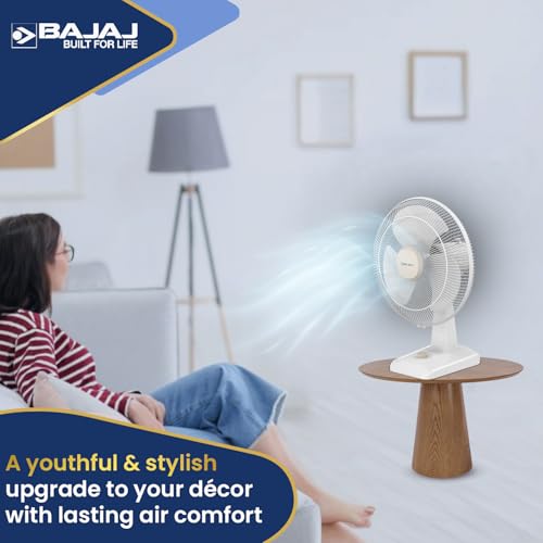 Image of Bajaj Shield Series Robusto High Speed 400MM Table Fan For Home | Durastorm Technology | Surge Protection | 100% Copper Motor | High Air Delivery | 3 Years Warranty 【Beige & White】