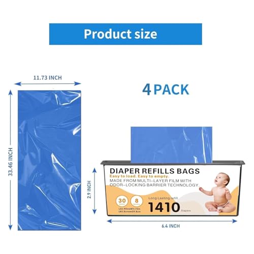 Image of Diaper Pail Easy Roll Refill Bags, Compatible with Genie Easy Roll Signature and Platinum Pails, Each 30 Bags Holds Up to 1410 Newborn Diapers, 7-Layer Odor-Barrier Technology, 4 Pack (120 Bags)