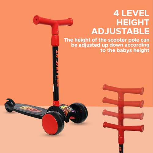 Image of NHR Foldable 3-Wheel Kick Scooter for Kids Aged 3-8 Years - Adjustable 4-Level Height, LED Light-Up Flashing Wheels, Lean-to-Steer Mechanism, Wide Anti-Slip Deck & Rear Foot Brake (Red /Black)