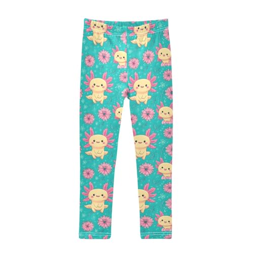 Axolotl Pink Flower Girls Leggings Soft Stretch Workout Yoga Dance Pants for Kids Casual Tights