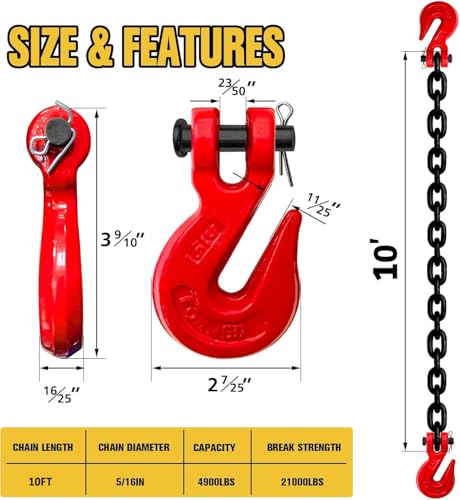 Image of G80 Transport Binder Chain 5 /16 inch x10ft - 4900 lbs WLL Heavy Duty Tow Chain for Trailers & Trucks - Clevis Grab Hooks (Oiled Black) - ASTM A306 Compliant