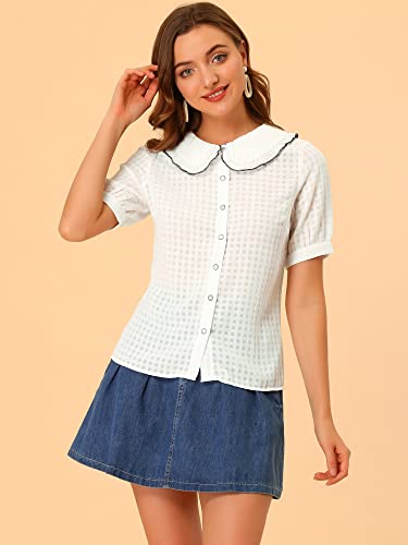 Allegra K Women's Gingham Button Up Shirt Blouse Short Sleeve Peter Pan Collar Tops3