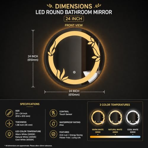 Image of LED Smart Bathroom Mirror with Touch Sensor | 3-in-1 Light Modes - Warm White | Cool White & Natural Light | Office and Home Use (Round 2nd, 24x24)