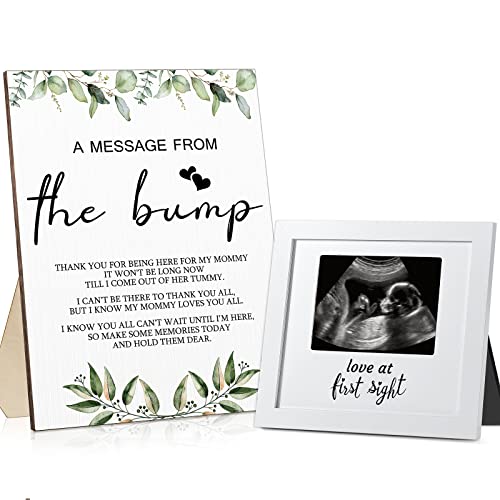 Roowest 2 Pcs Greenery Theme Baby Shower Game Sign & Photo Frame Set (Green, 11.02 x 8.66 inches, 6.5 x 7.01 inches)