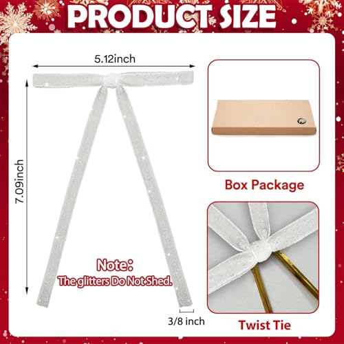 Image of 24 PCS Velvet Bows Christmas Ornaments Decorations, Sparkly Glittery Silver White Velvet Christmas Tree Bows Decor, Unique Vintage Elegant Xmas Home Holiday Decor for Tree Mantle Wreath Gift Wrapping