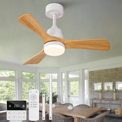 Image of 36 Inch Outdoor Ceiling Fans with Lights and Remote Control, Dimmable 3 Blades Wood Outdoor Ceiling Fans for Patios White Natural Wood Bedroom Ceiling Fan with Light, Wall Switch