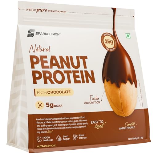 Image of SparkFusion Natural Peanut Protein Isolate - Flavor - 25g Protein, 5g BCAA, Zero Sugar, Gut-Friendly, Vegan, Lab-Tested, No Artificial Additives (1 kg (Pack of 1), Rich Chocolate)