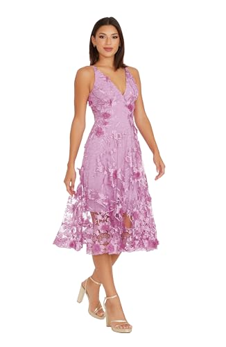 Dress the Population Women's Audrey Spaghetti Strap Midi A-line 3D Floral Dress, Lavender, XL3